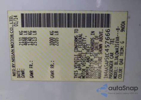 2014 Nissan Maxima 3.5 S/3.5 Sv z USA, uszkodzony, nr VIN 1N4AA5AP5EC457666